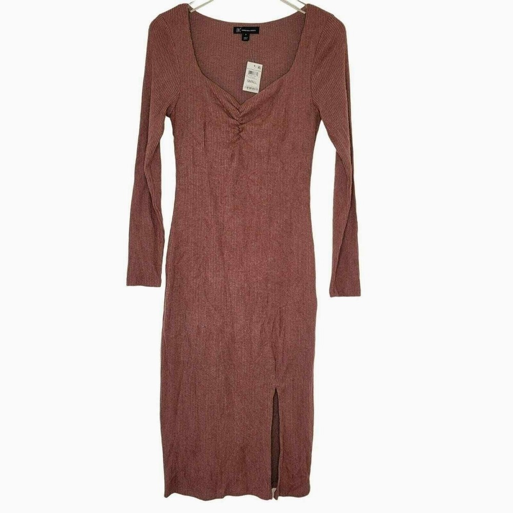 INC Midi Ribbed Knit Dress Small Pink Mauve Long Sleeve Bodycon Fitted Slit